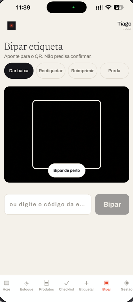 Baixa por leitura do QR code da etiqueta.