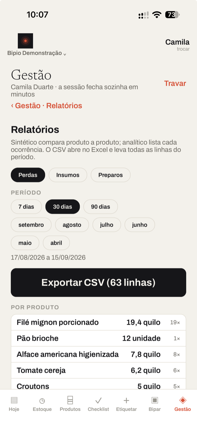 Relatórios: perdas por produto no período, com exportação em CSV.